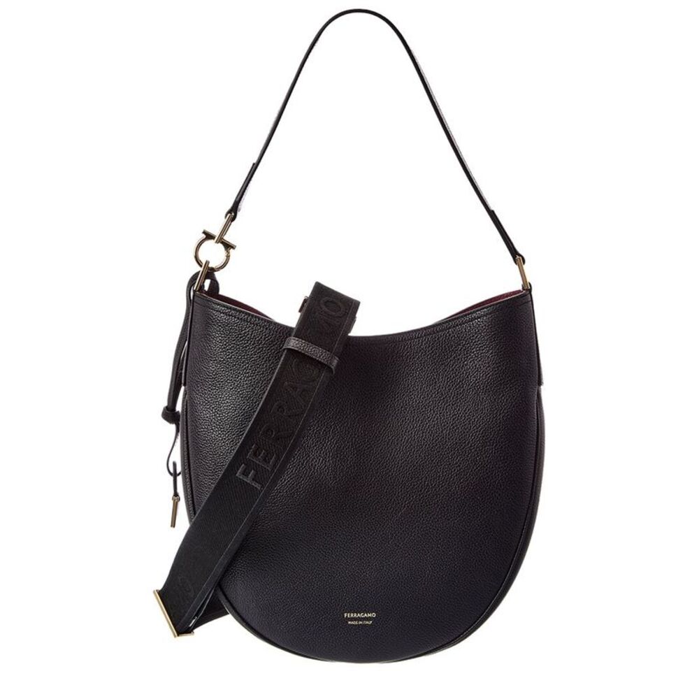 Ferragamo North/South Medium Leather Hobo Bag, Black